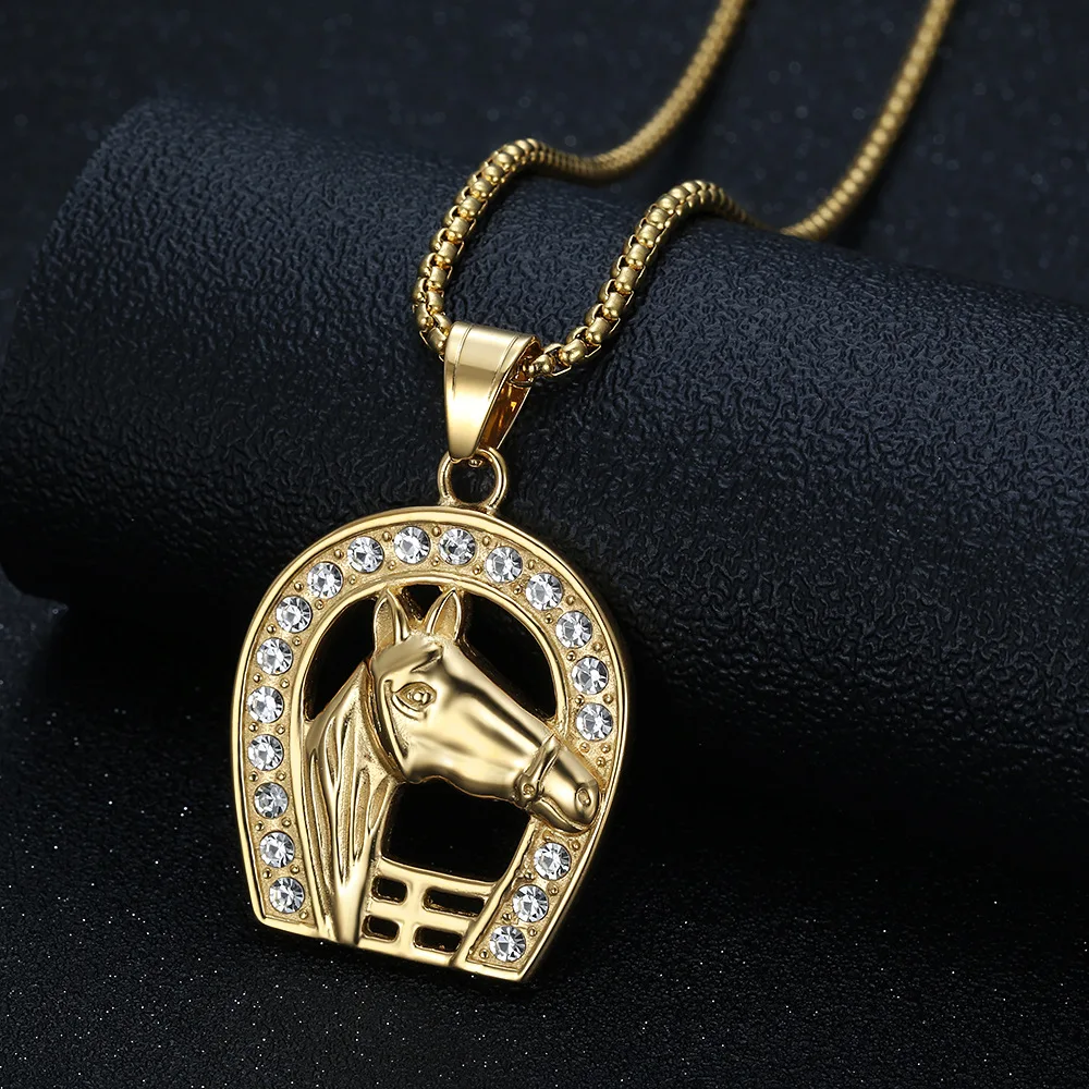 Punk Iced Out Bling Horseshoe With Horse Head Pendant Gold Color Stainless Steel Necklace For Men/Women Jockey Club Jewelry 2025 view 4