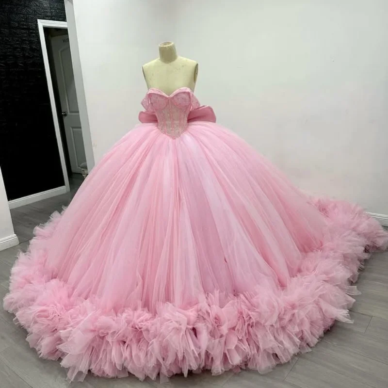 

Customized Shiny Pink Quinceanera Dresses Off the Shoulder crystal applique Lace ruffles Long tail Bow Vestido De 15 Quinceanera