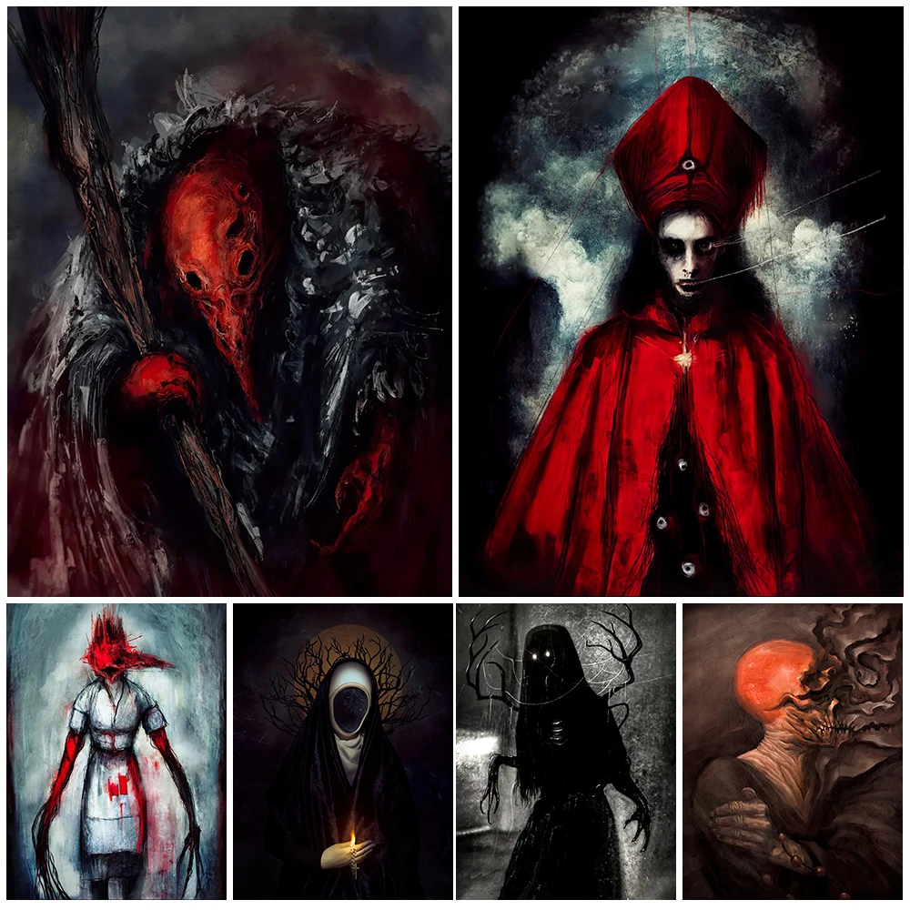 Demon Bishop And Horrible Bird Mouth Witch Doctor Vintage Wall Art Canvas Painting Horrible Nurses And Nuns Art Poster And Print