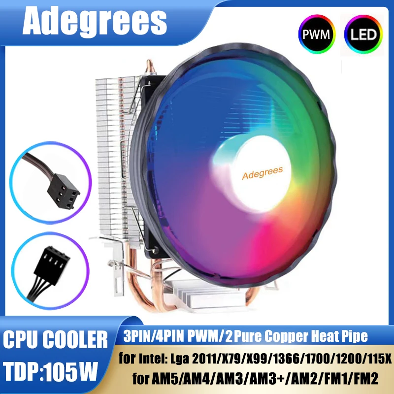 2 Heat Pipes CPU Air Cooler RGB Ventilador For Intel LGA 1366 1150 1151 1155 1200 1700 2011 X99 X79 AM3 AM4 AM5 Cooling fan