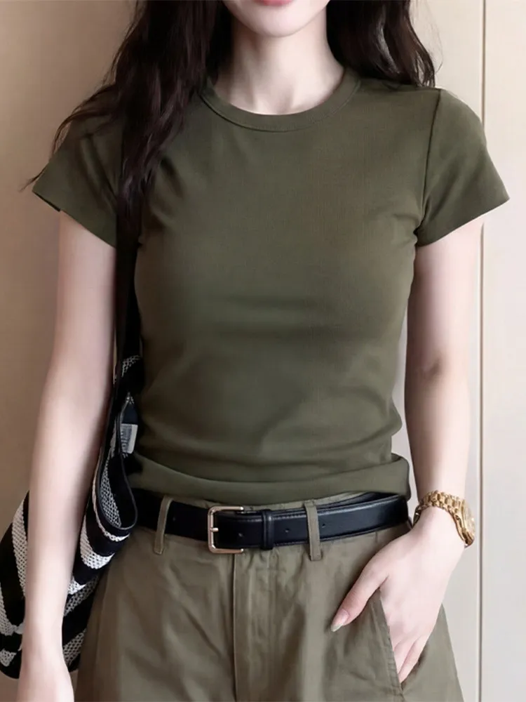  Green round Neck Short Sleeve T-Shirt Women's Pure Color Korean Style Slimming Summer New Arrival Commute Wind Shirt