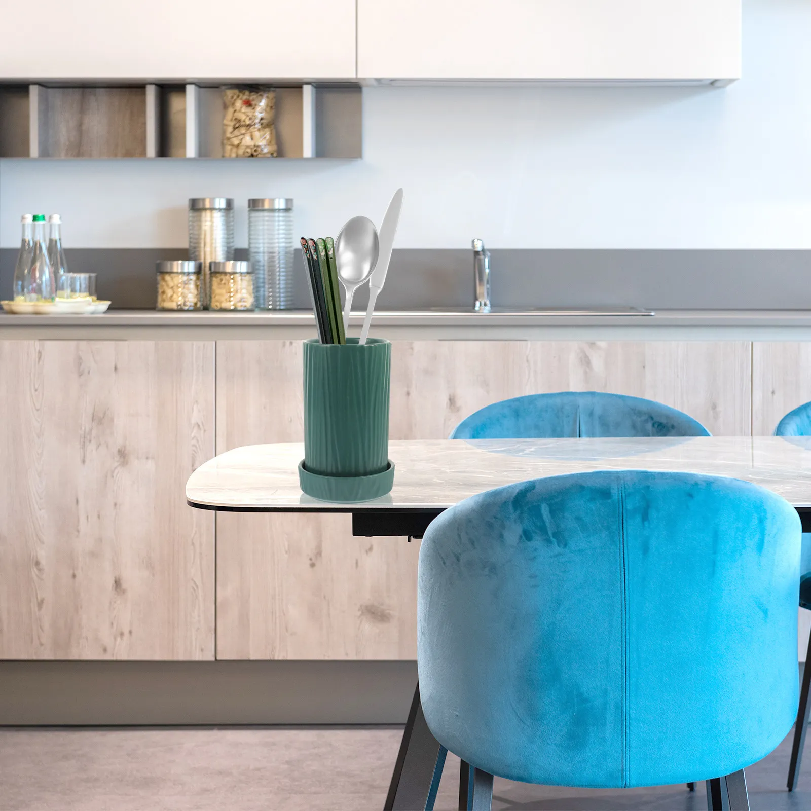 

Современная керамическая подставка для столовых приборов на столешницу: органайзер для ложек, палочек, вилок, компактный и стильный.