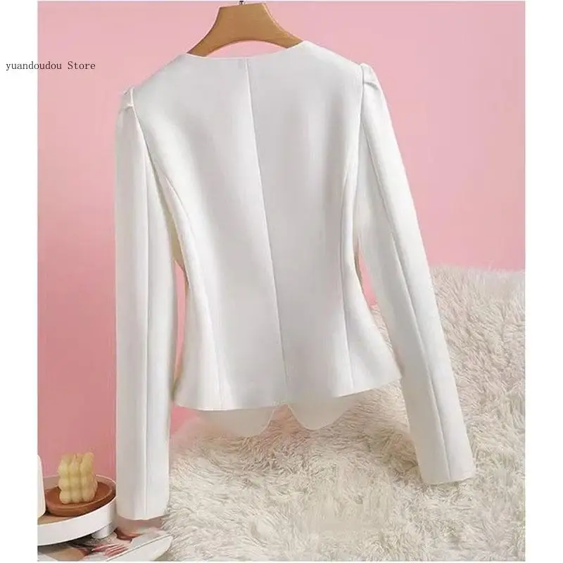 Design Sense Outerwear Short Women Collarless Suit Jacket Female Spring Autumn Bubble Sleeve Blazer Coat
