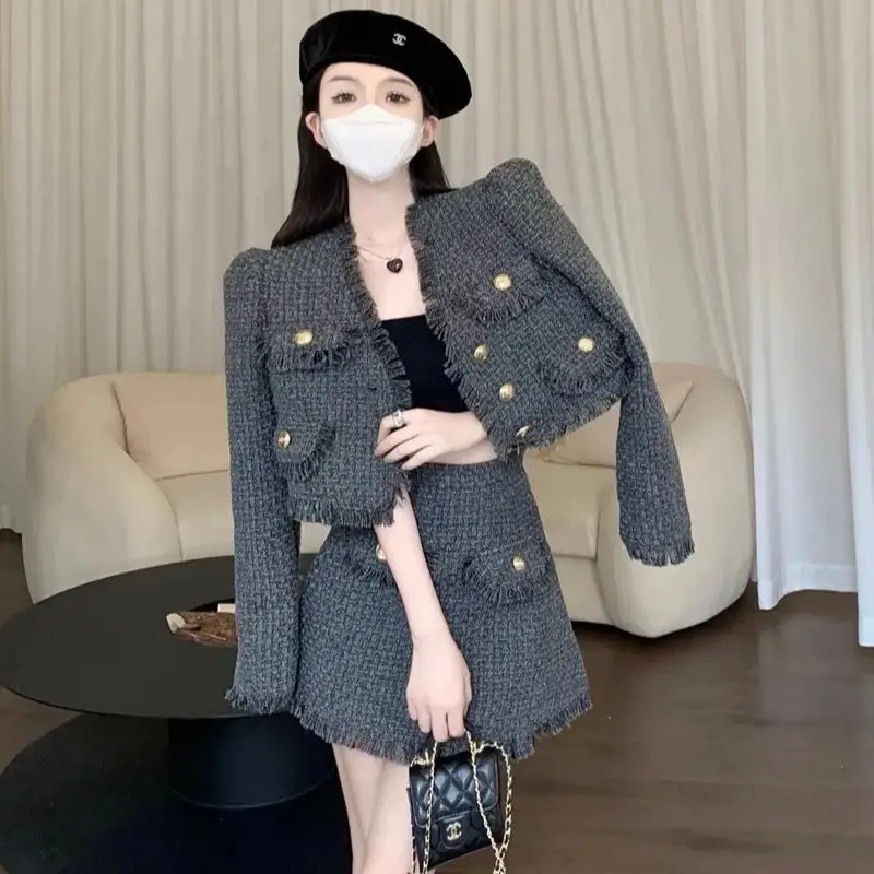 

Spring Autumn Korean Trendy Small Fragrance Tweed Two Piece Set for Women Tassel Suit V-Neck Jacket+High Waist Mini Skirt Outfit