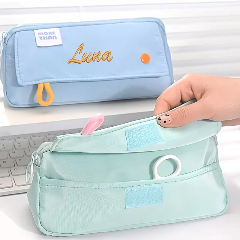 1Pcs Personalized Custom Logo and Name Korean Style High-Looking Pencil Bag, Pure Color, Simple, Large Capacity, Girls' Stationery Bag, Waterproof and Stain-Resistant Pencil Bag for Primary and Secondary School Students