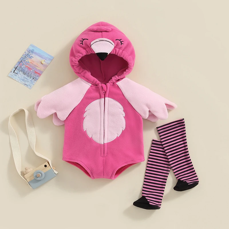 

0-24M Baby Girl 2 Piece Pink Cartoon Bird Long Sleeve Hooded Zipper Jumpsuit Jumpsuit with Wings and Socks for Baby Cute Clothes