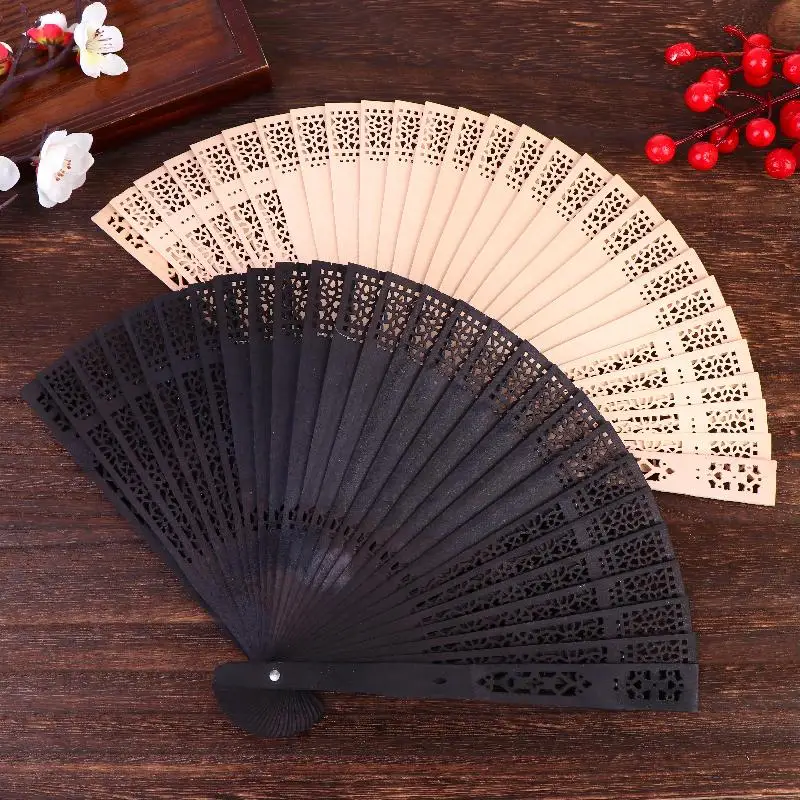 Bamboo Folding Hand Fan Vintage Hollow Carved Wooden Chinese Style Retro Cooling Gift for Women Festival Banquet Prom