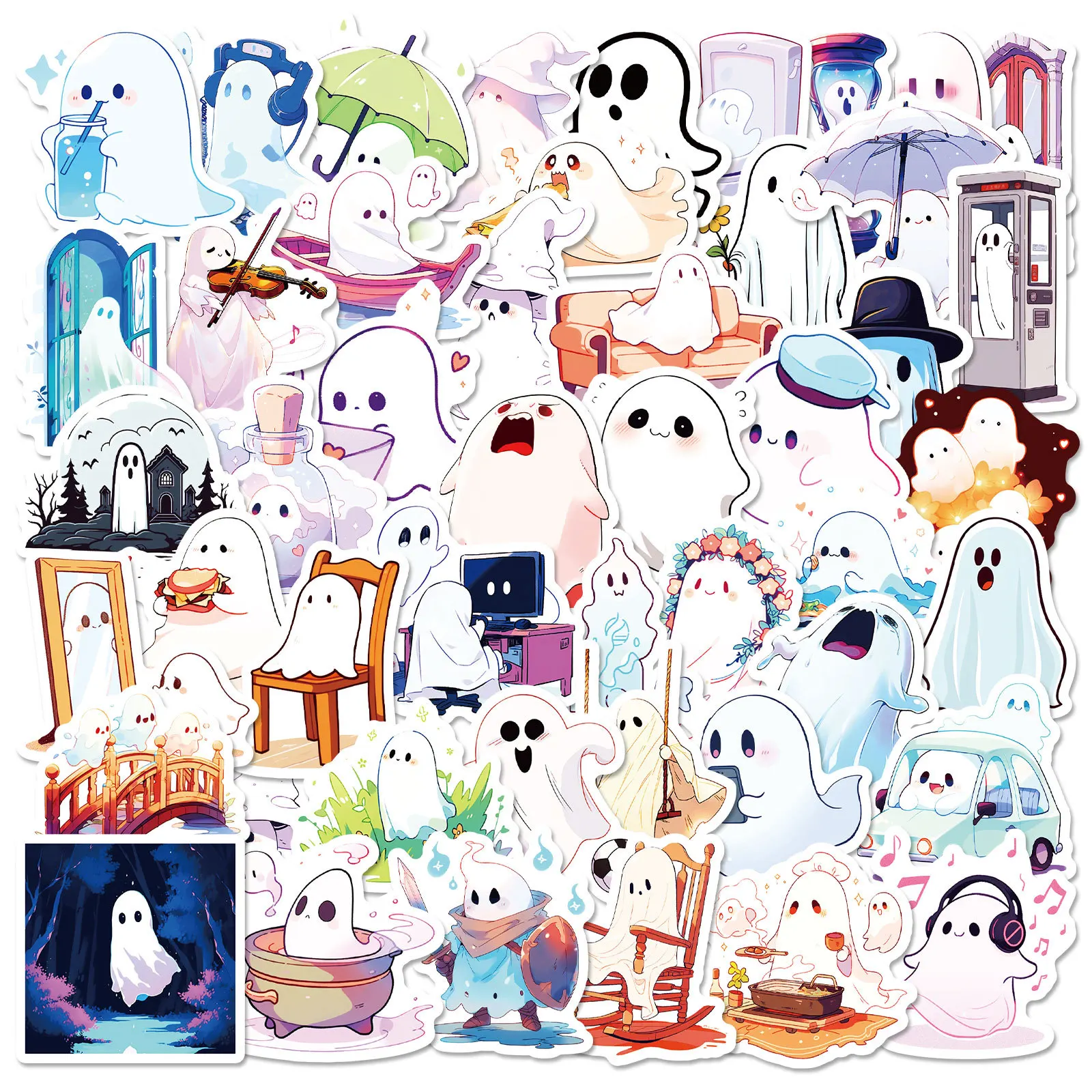 50Pcs Cute Cartoon Ghost Stickers Kawaii Spooky Ghost Decals Waterproof for Laptop Water Bottle Journal Halloween Party Decor
