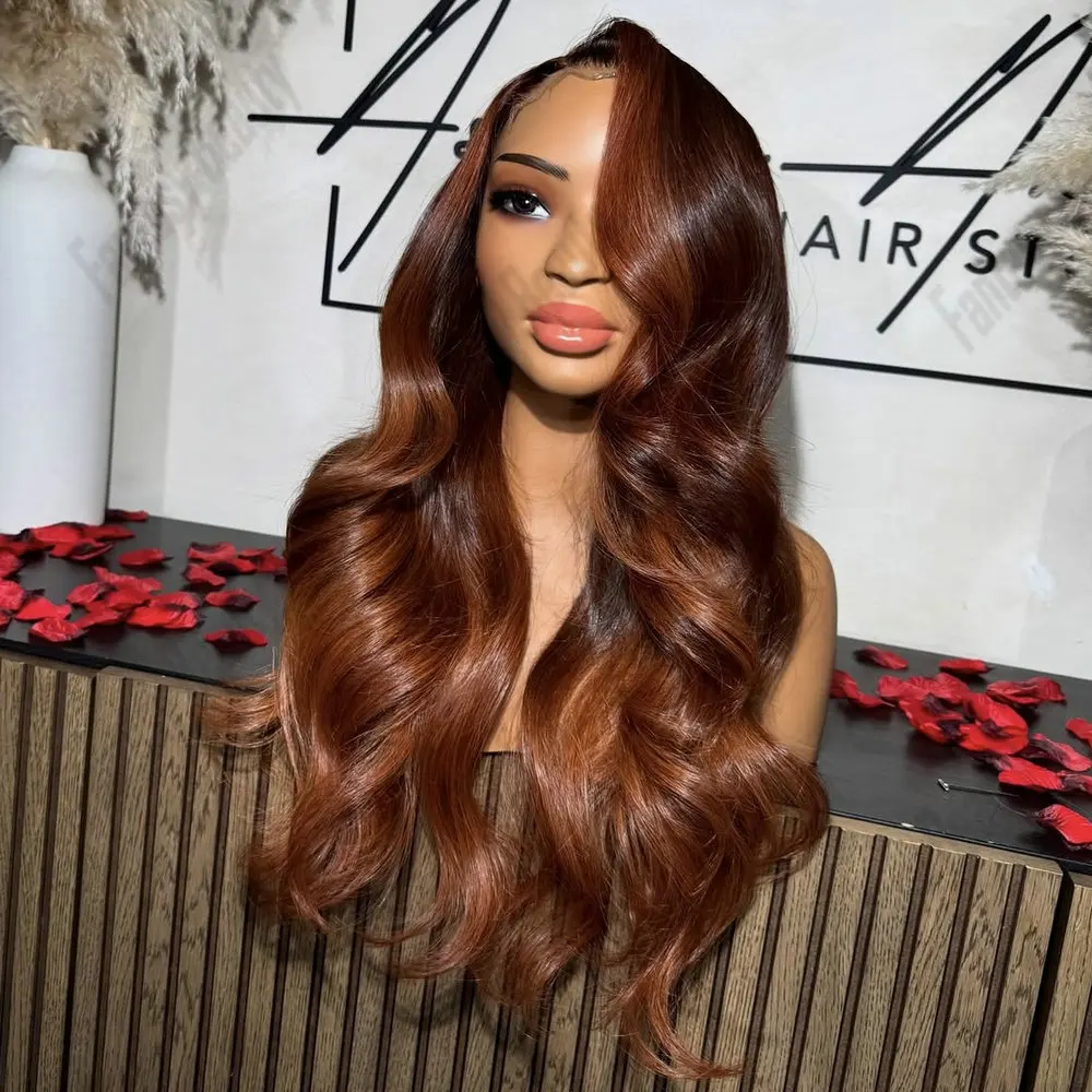 

Women's 100% Human Hair 13x6 Lace Front Wig Redish Brown Hightlight Loose Wave Remy Peruvian Hair 5x5HD Lace Wig Full Lace Wigs