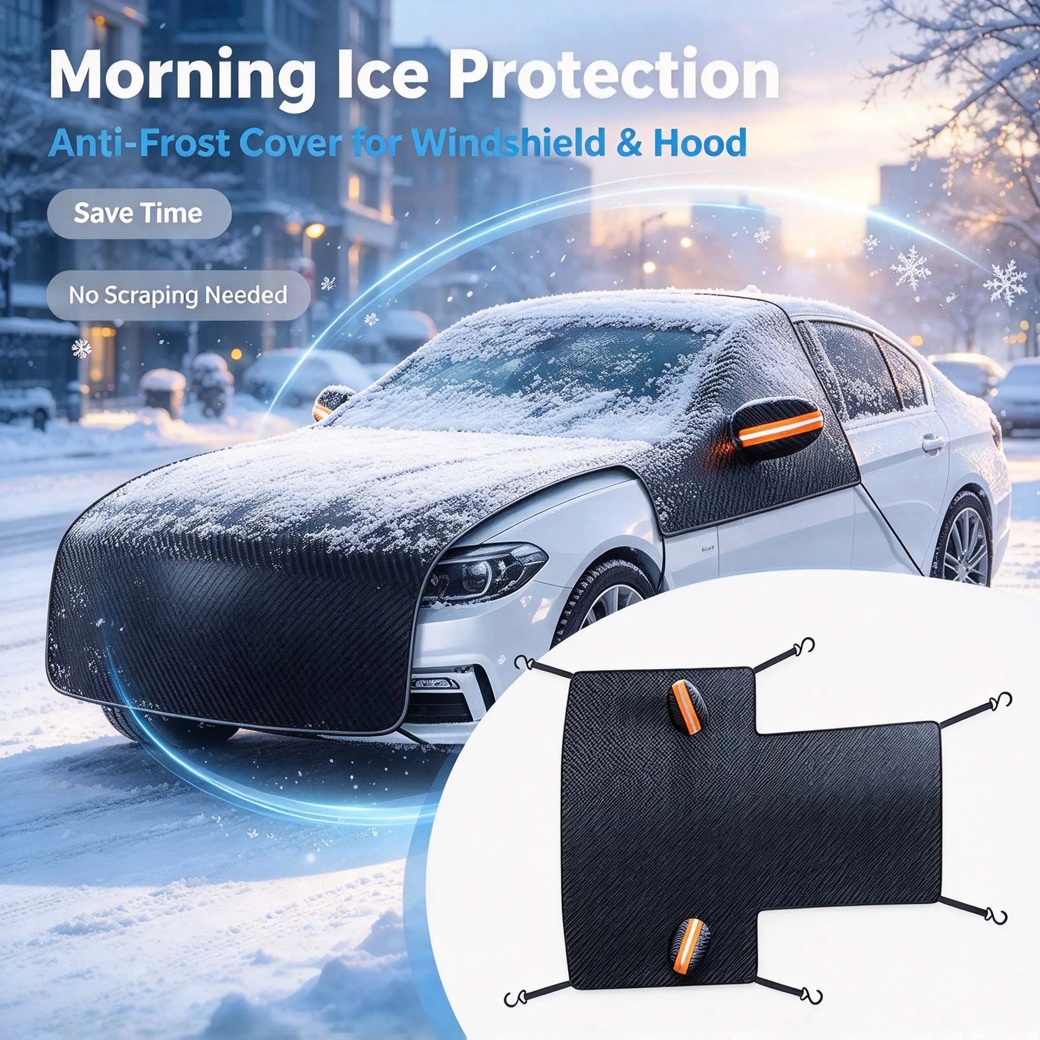Extended 3-Window Car Windshield Snow Cover Windproof Engine Hood Anti-Frost Anti-Ice Sunshade 6 Fixing Straps for Sedan SUV