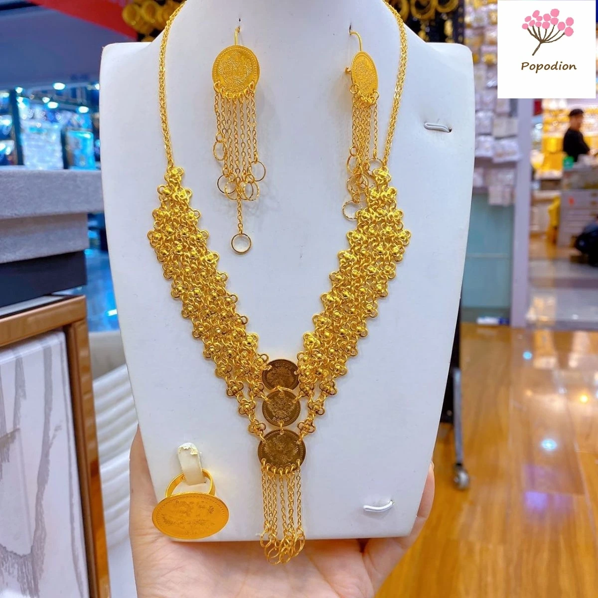 Imagem -05 - Conjunto de Anéis e Colares Popodion Banhado a Ouro Dubai 24k Brincos Femininos Acessórios de Festa Moda Jóias Yy10386 Conjunto Peças