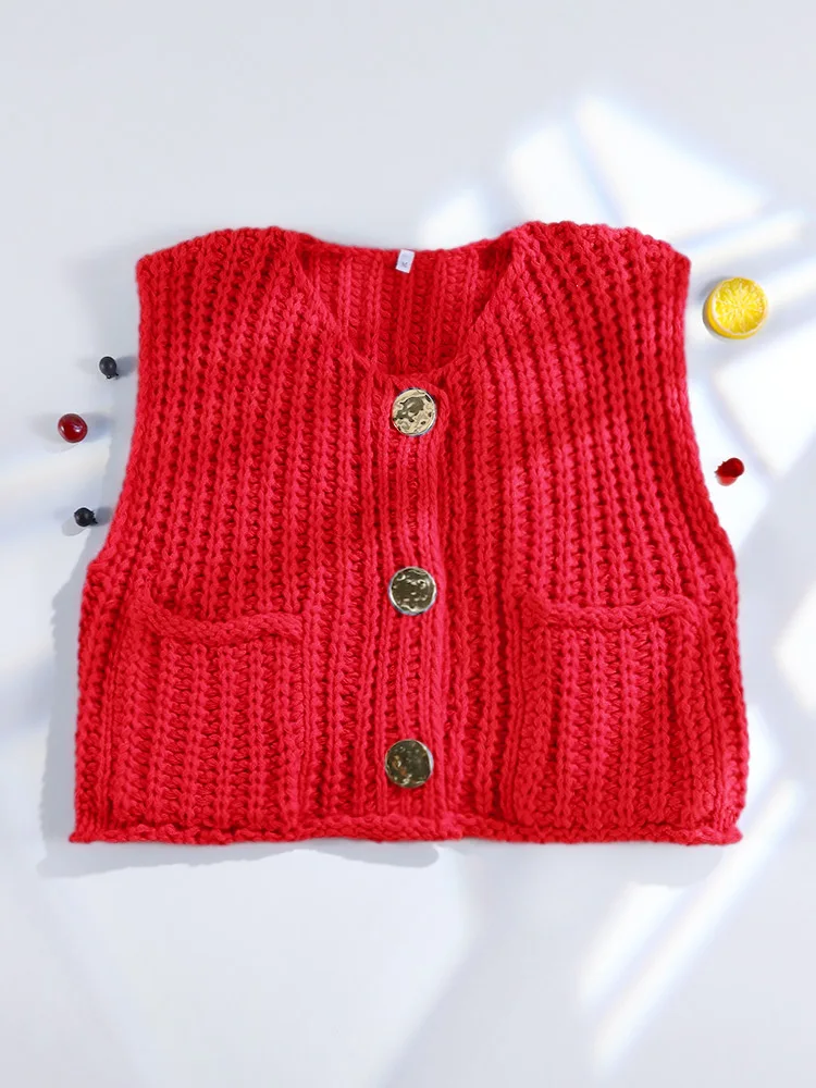 Miyouj Chic Clothes Women\'s Knitted Vest Red Color Sleeveless Top Button Clothing Casual Tank Women Sweater Vests Fashion Sweate