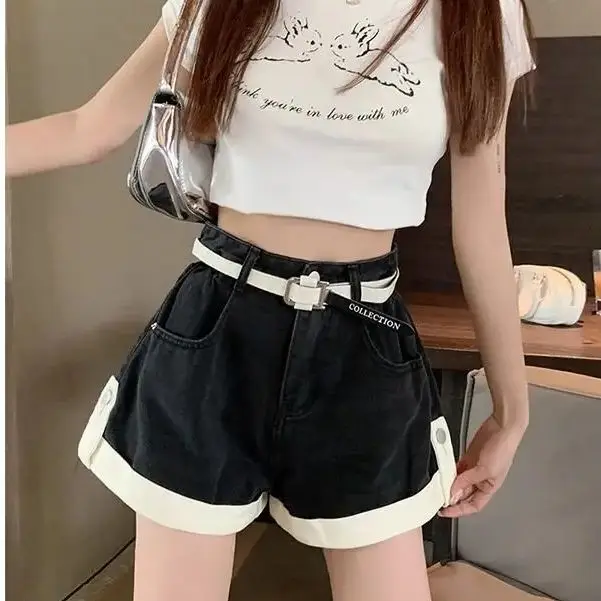 Light-Colored Curly Denim Shorts Women Spring Summer Thin Design High Waist Slimming A-Line Loose Straight Wide-Leg Hot Pants