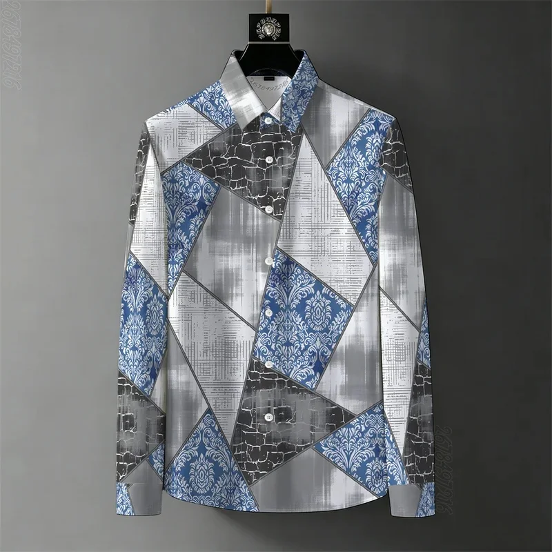 2026 Spring/Autumn New Men's Business 3D Printed Long-Sleeve Shirt, Retro Baroque Color Block Wrinkle-Free Casual Shirt