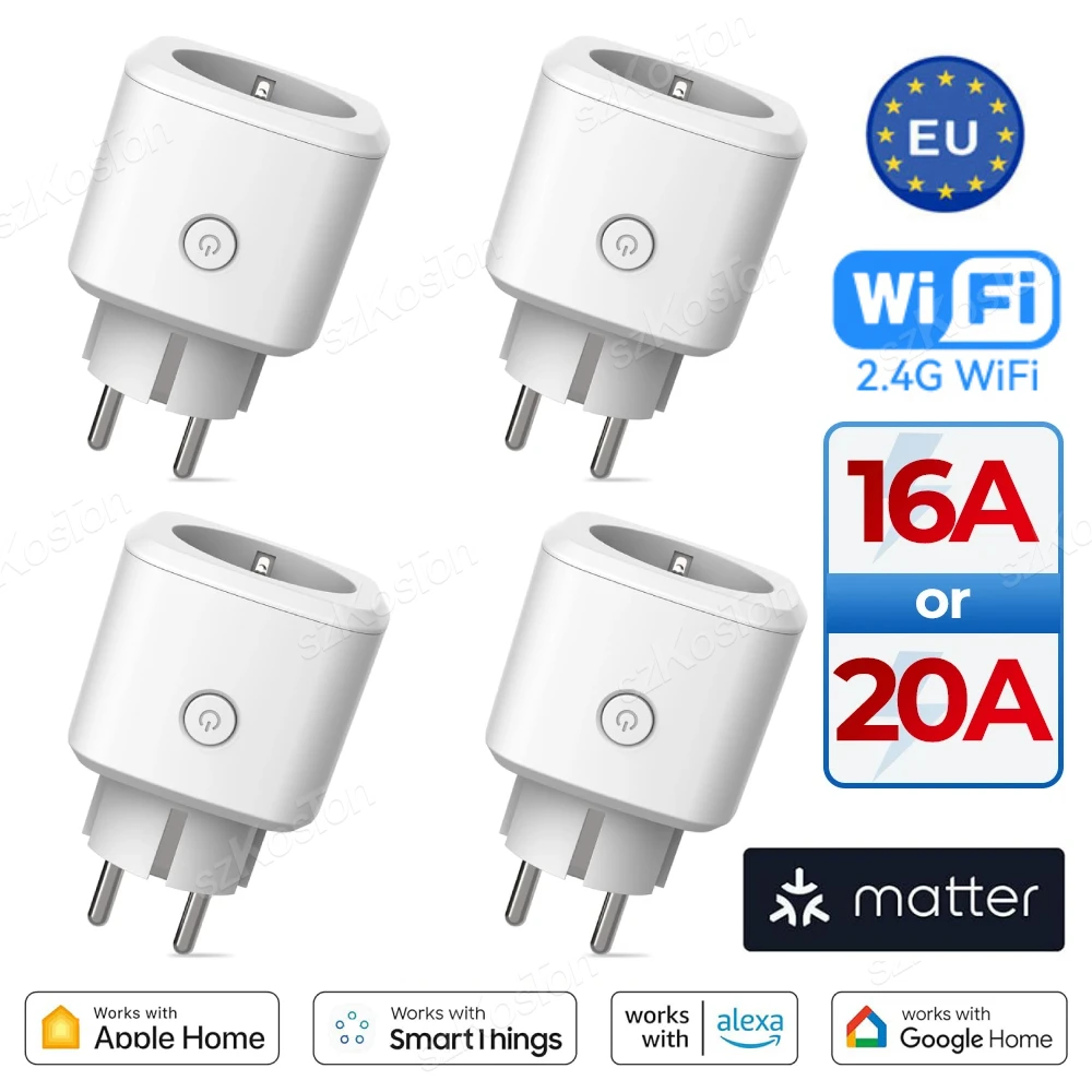 Matter WiFi 스마트 플러그 소켓 16A/20A EU 전원 콘센트 HomeKit SmartThings 용 스마트 가전 제품은 Siri Alexa와 함께 작동합니다.