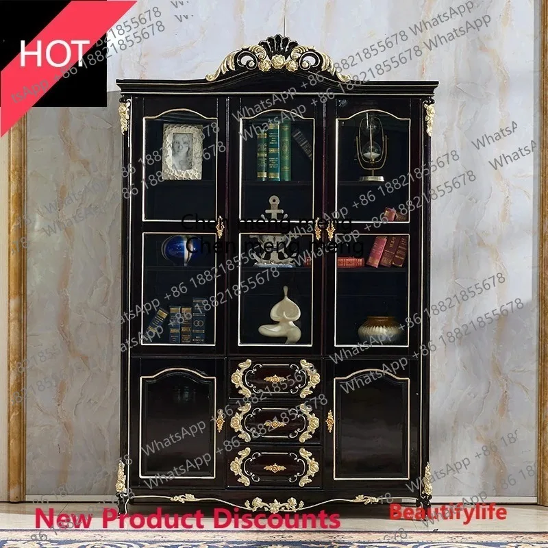 European solid wood bookcase with glass door American light luxury ebony study multi-layer bookcase