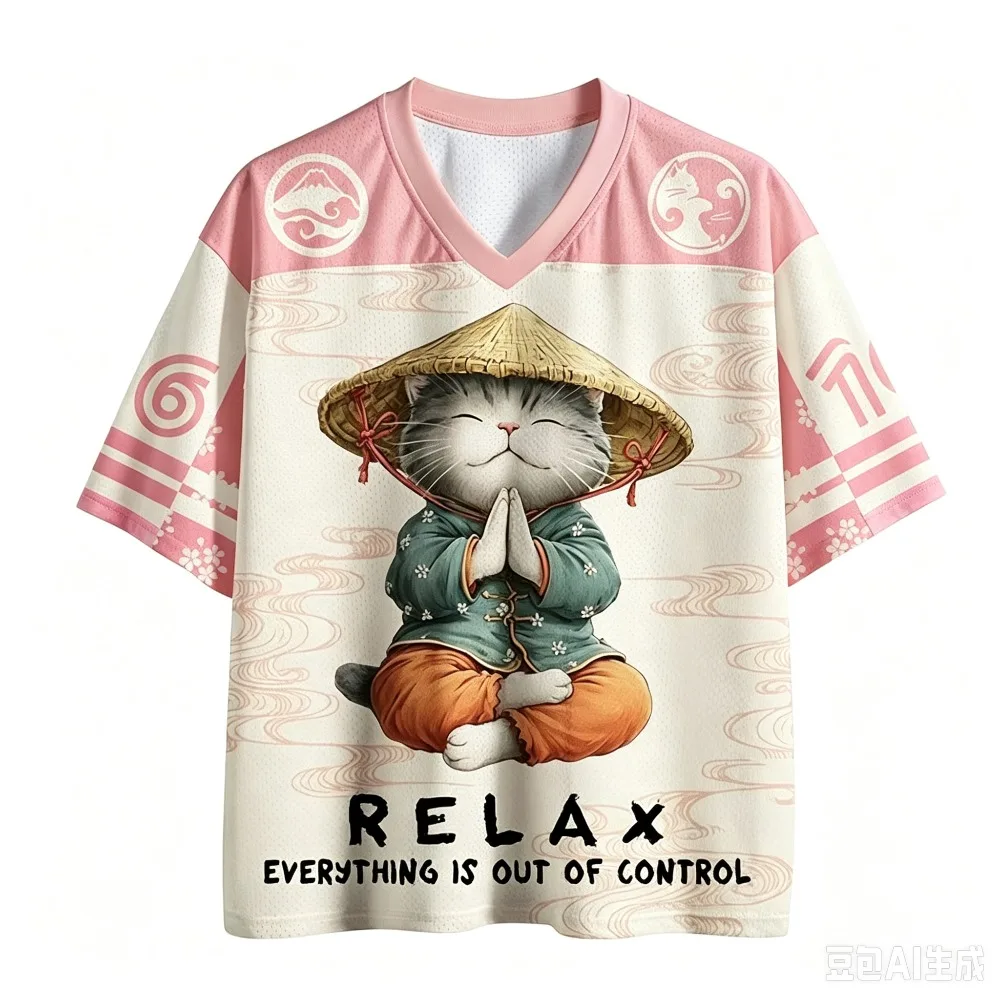 Japanischer Retro-Zen-Katzen-3D-Druck Schnelltrocknendes Atmungsaktives Sport-T-Shirt für Männer und Frauen mit V-Ausschnitt, Modische Streetwear für Eltern – Detail 4