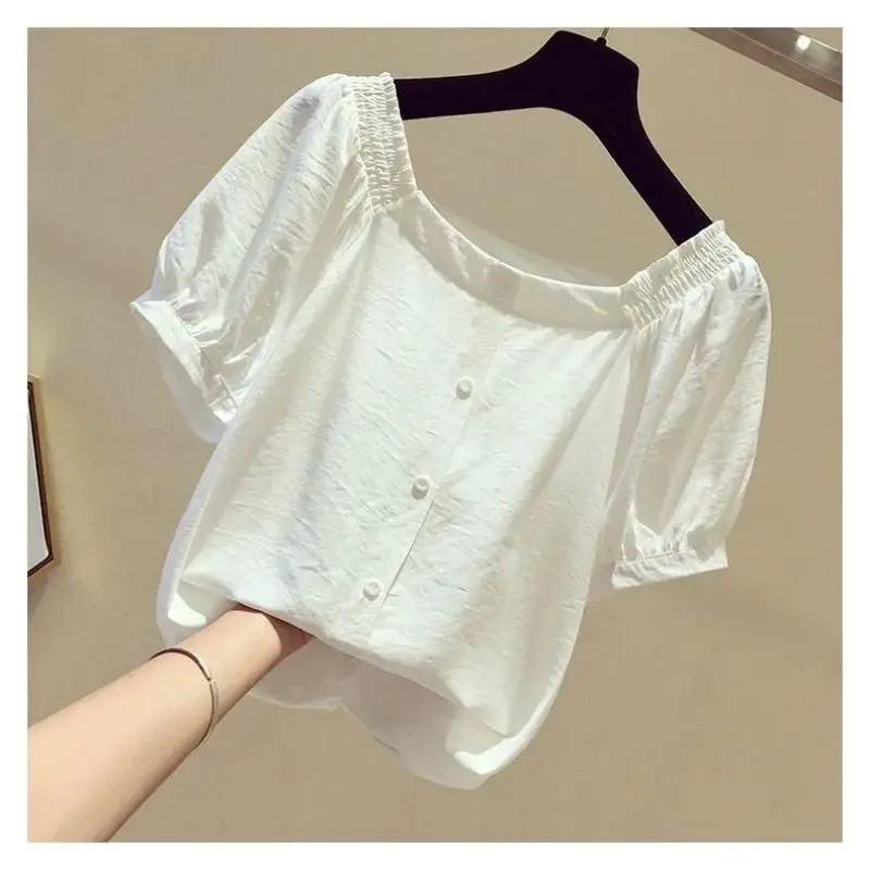 Pullovers New Women\'s Summer Solid Color Slash Neck Button Spliced Elegant Loose Casual Chiffon Shirt with Bubble Sleeves Top