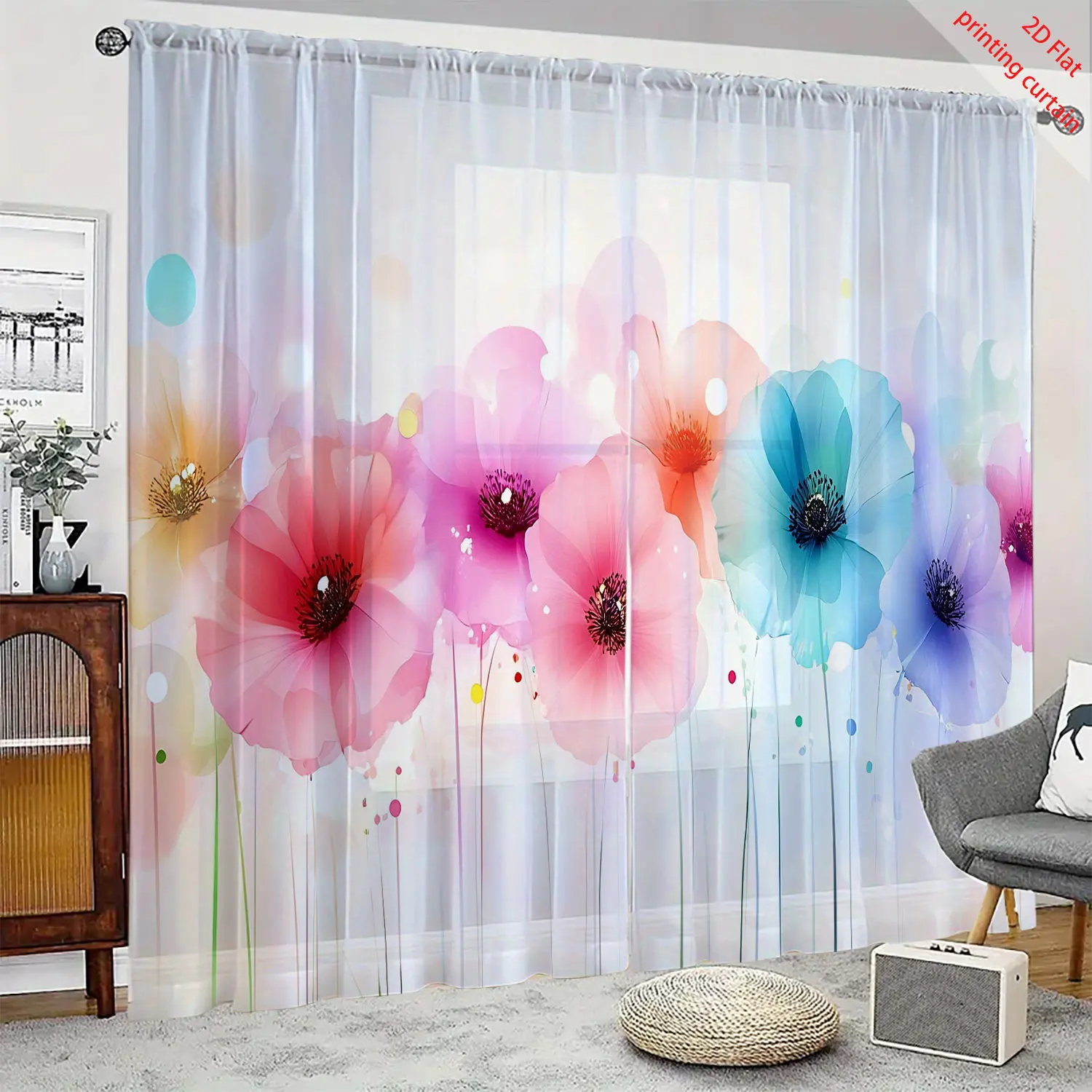 2D flower printed transparent gauze curtain, beautiful home decoration, bedroom, living room, kitchen, balcony decoration