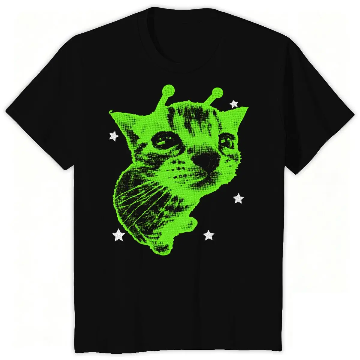 Alien Cat with Antennas Stars Graphic T-Shirt, Retro Halftone Space Kitty Meme Tee for Men Women