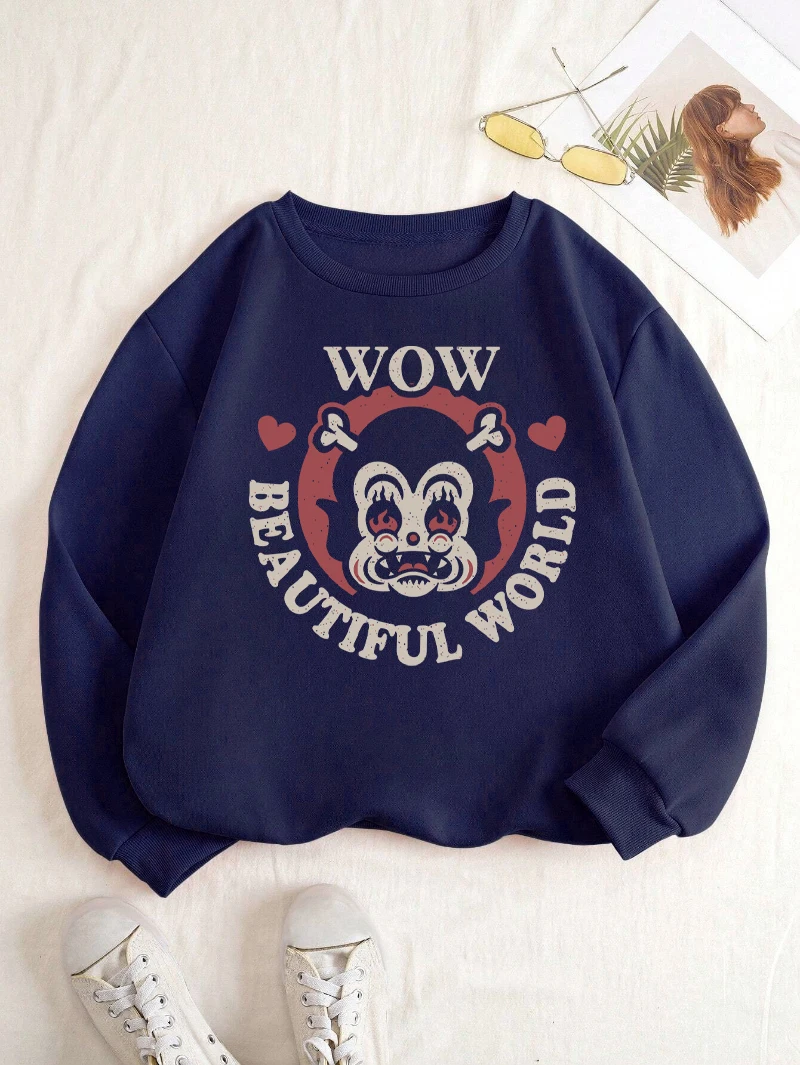 Beautiful World Sweatshirt Women Black Animal Prints Hoodies Fleece Warm Crewneck Oversize Clothes Winter Sporty Female Tops