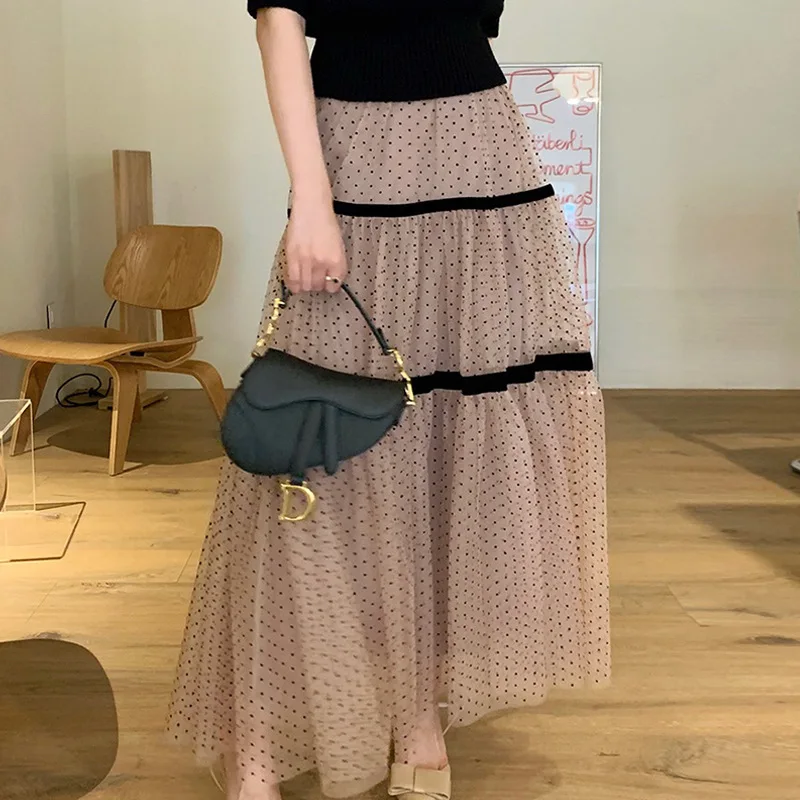 Women\'s Summer Casual Fashion Korean-Style High Waist Black All-Match Lace A- Line Skirt