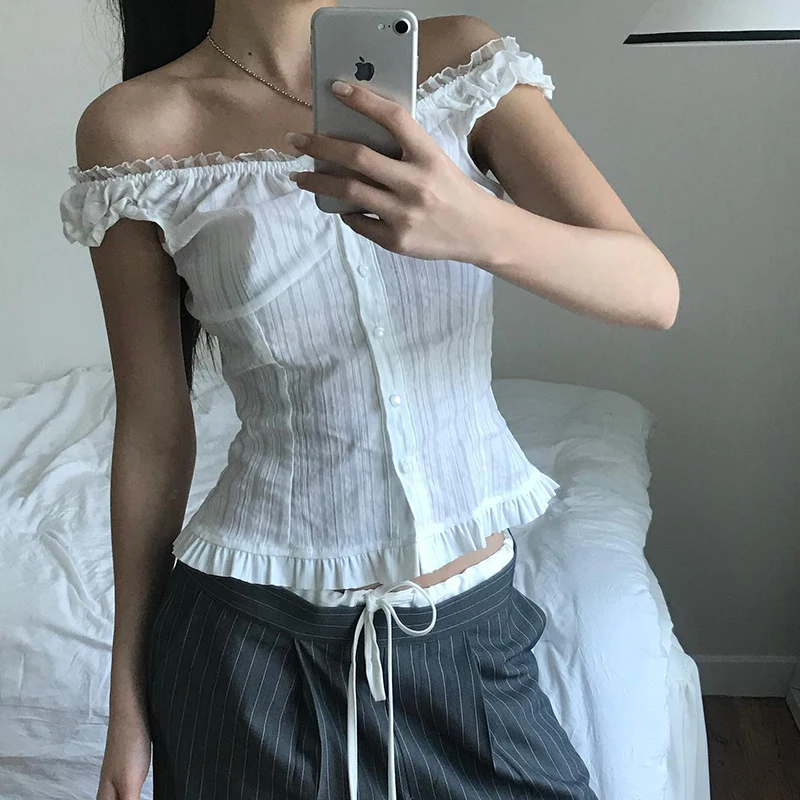 SUCHCUTE White Lace Tied Off-Should T-shirt French Style Summer Top Y2K Streetwear Short Sleeve Tees Women Clothes Chic Coquette