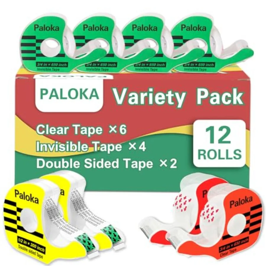 Verscheidenheidspakket Cadeaupapier 12 rollen met dispensers Inclusief onzichtbare tape Dubbelzijdige tape Doorzichtige tape voor inpakpapier