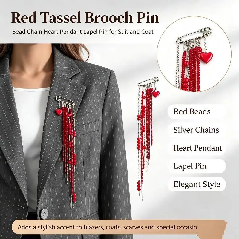 1Pc Red Crystal Heart Brooch Punk Long Tassel Chain Pendant Unique Jewelry for Wedding Guest Outfit Accessory
