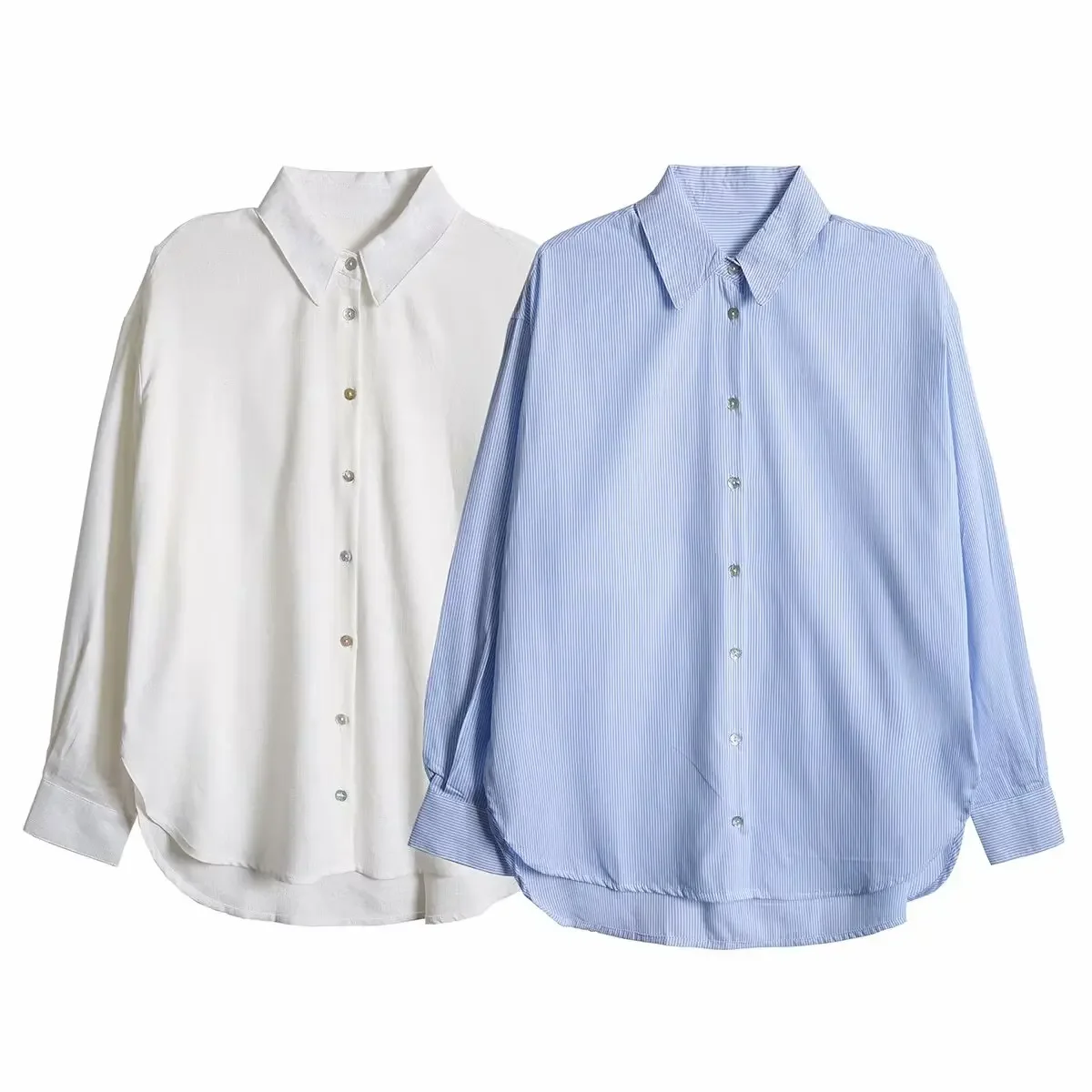 

Women's 2024 New Fashion Casual Joker Loose Linen Blended Striped Blouses Retro Long Sleeve Button Blouses Chic Tops.