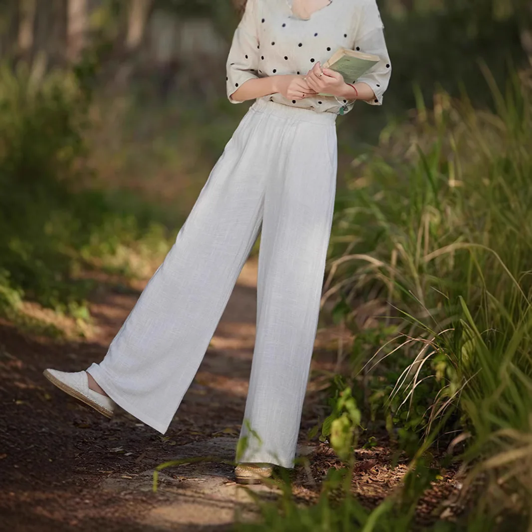

Linen casual pants hemp natural color elastic waist wide legs nine points thin high waist large size pants women's fashion casua