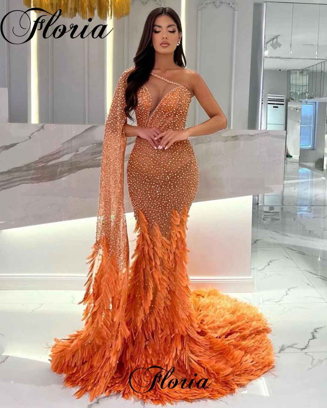 One Shoulder Orange Evening Dresses Luxury Pearls Fashion Celebrity Dresses With Feathers Train Robes De Soirée Pageant Gowns