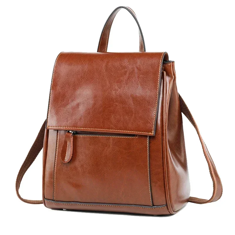 Genuine Leather Backpack Rucksack For Women School Cross Body Bags Travel Oil Wax Cowhide Female Daypack Shoulder Messenger Bag