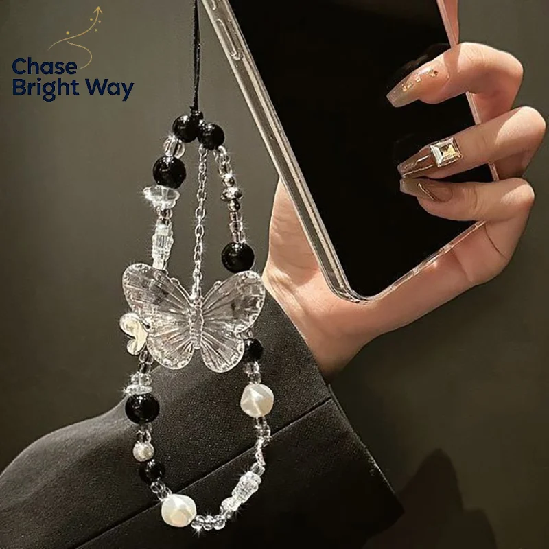 Y2K Butterfly Clear Bead Phone Strap Charm Chain Knot Cellphone Lanyard Keychain Bag Camera Bowknot Pendant For  Cover