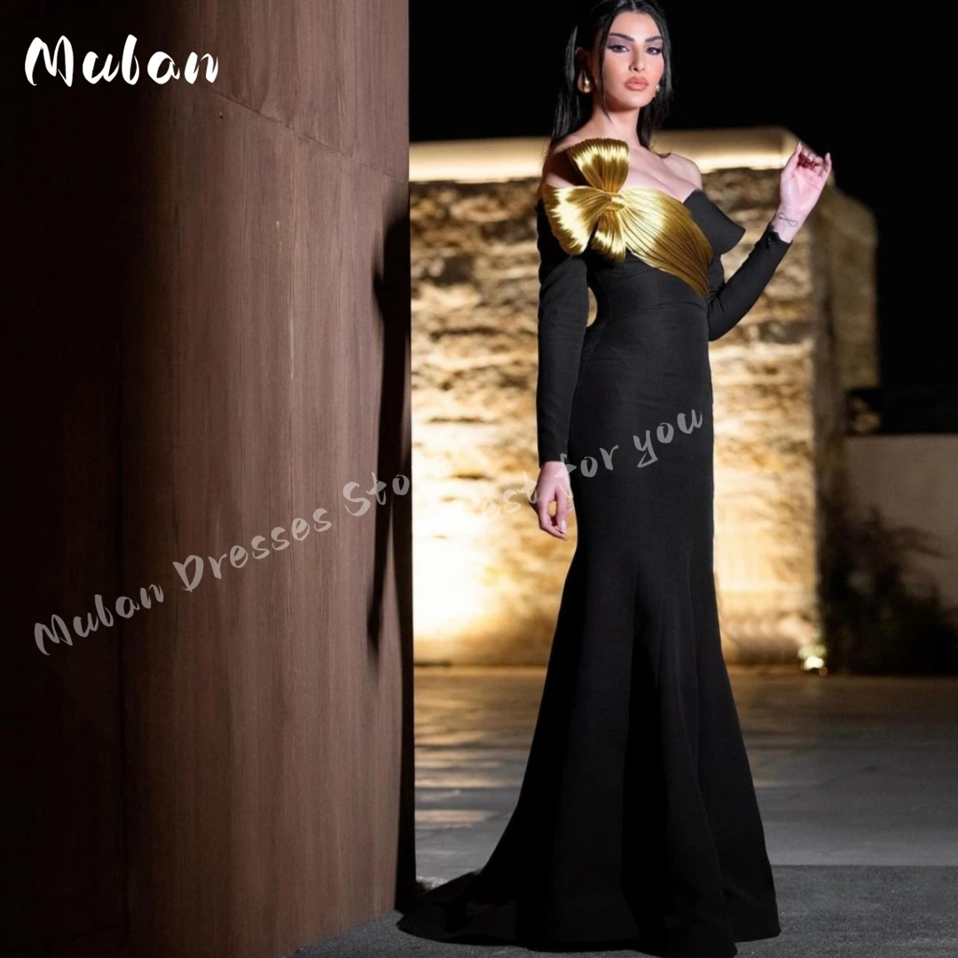 

Off Shoulder Black Long Sleeves Evening Dresses 2024 Pleated Gold Bow Floor-length Mermaid Formal Occasion Prom Dress Party Gown