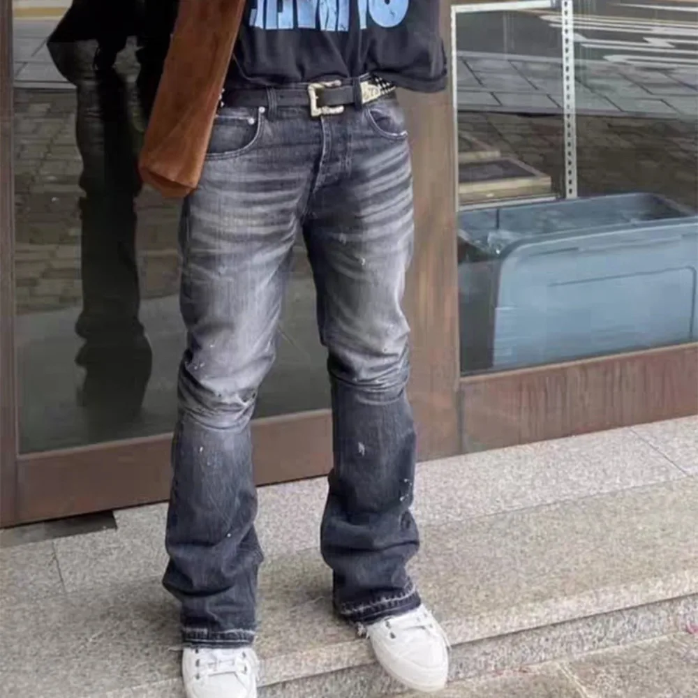 High Street Jeanshose für Herren, gebogenes Messer, gewaschen, schwarz, grau, Mikro-Trompetenform, spritzwasserte Tinte, Streetwear, lässige Jeanshose