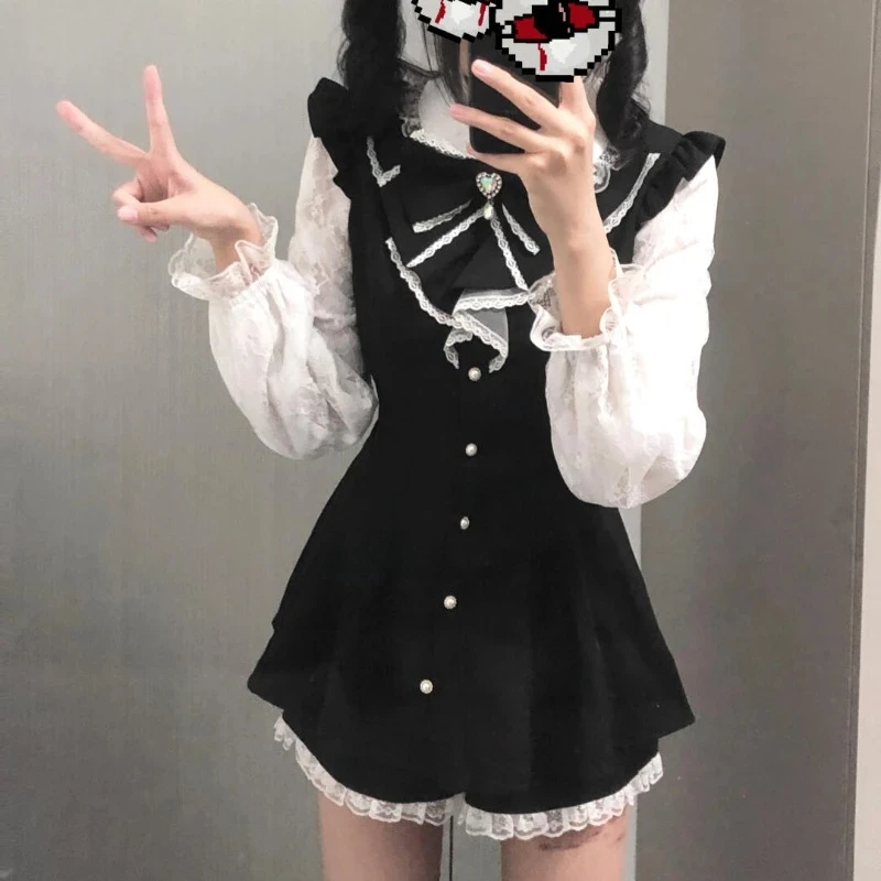 

Gothic Style Rhinestone Bow Dress Women Sweet Fake Two Piece Long Sleeve Slim Shirt Dresses Lolita Mini Dress 2025 Hot Sale