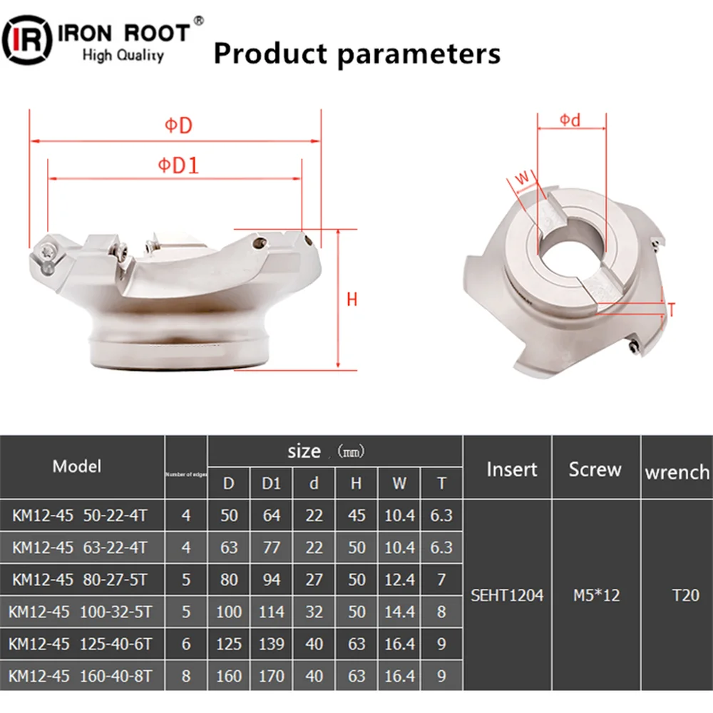 IRON ROOT  KM12-63-22-4T Face Milling Indexable Cutter CNC Milling Tools,FOR SEMT12