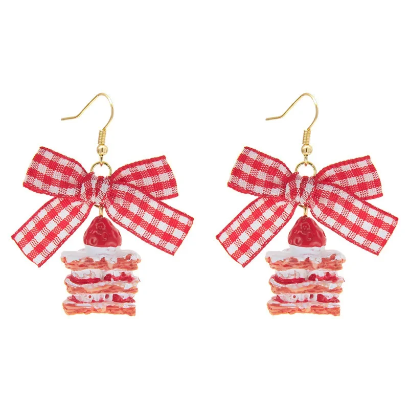 Korean Resin Strawberry Bowknot Clip on Earrings No Piercing for Women Food Simulated Fruit Cup Cake Ear Clips Earrings Jewelry