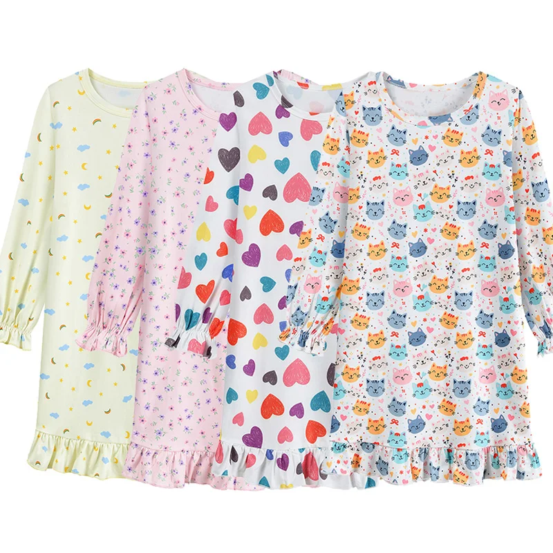 Little Hand Girls Cozy Long Sleeve Nightgown Assorted Cartoon Print Ruffle Hem Lightweight Home Loungewear Dress For 3‑10 Years