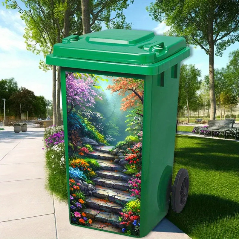 1 Garden Path Art Trash Can Sticker, Size 32.28 × 14.57 Inches, PVC Self-adhesive Sticker, Creative Home Decoration Sticker