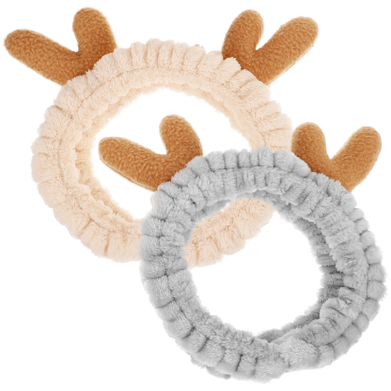

2Pcs Women Headband Adorable Hairband Headdress Bands Face Washing Makeup Elastic Cartoon Deer Antler Brown Gray
