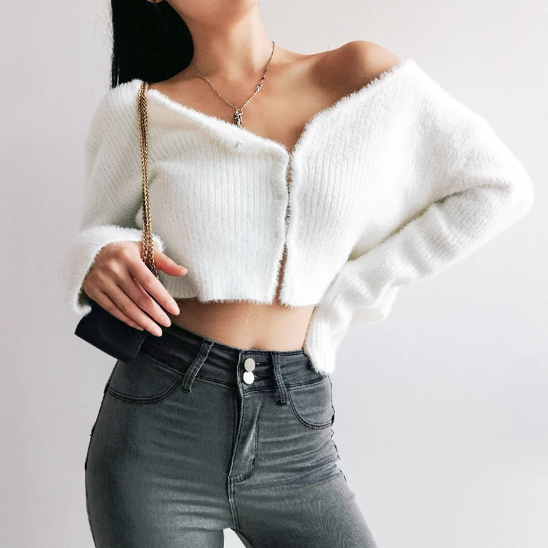 Women's V-neck Split Ribbed Hippocampus Handmade Crochet Sleeves Sweater Cardigan Button Knitted Lazy Loose Short Jacket 2023