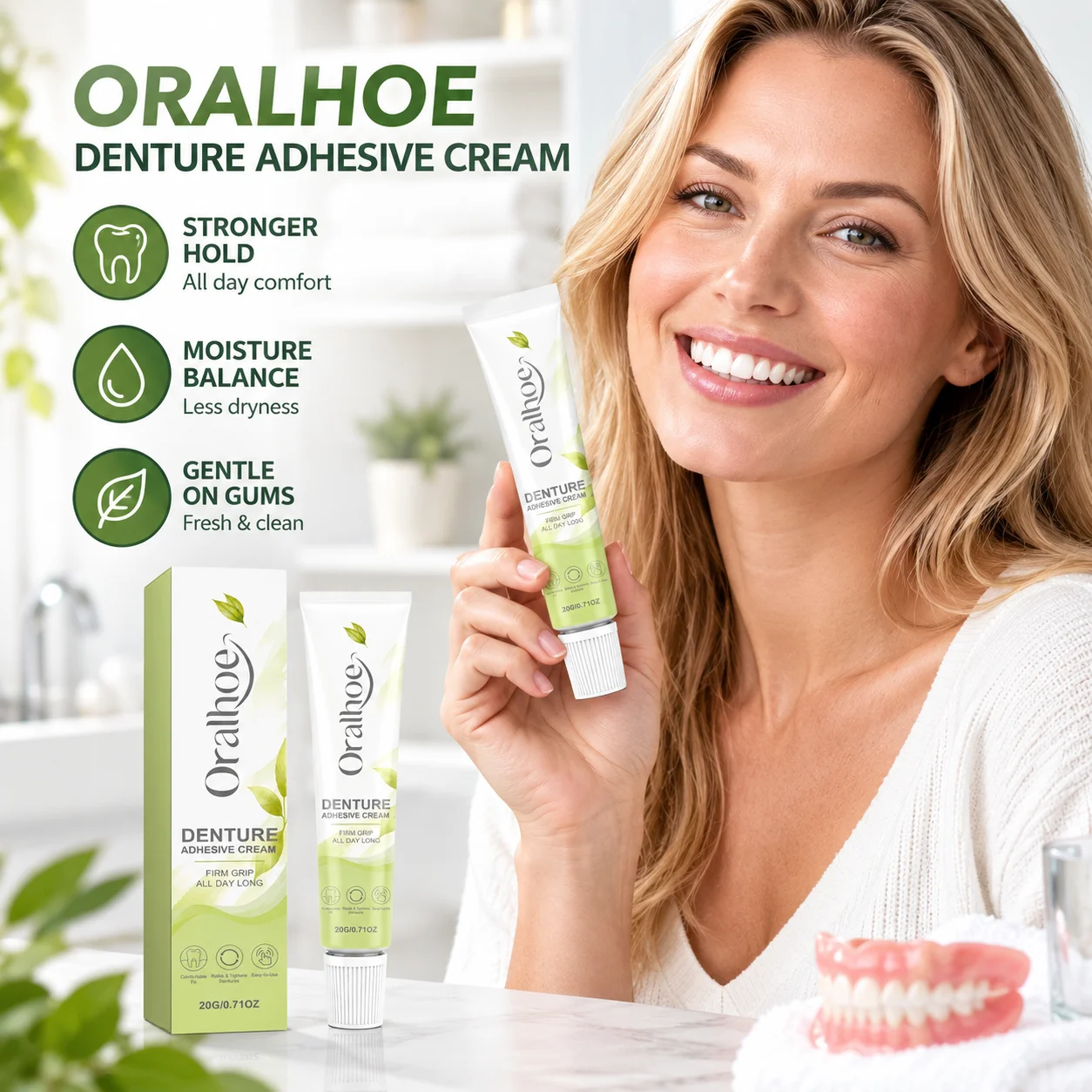 Oralhoe Denture Fixative Adhesive Comfortable Fit All Day Firm Grip Denture Prevent Denture Loosen Denture Adhesive Cream 20g