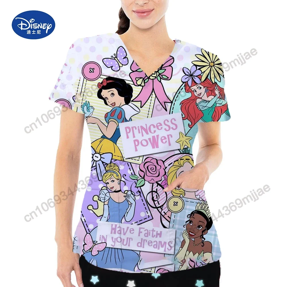 Fashion V-neck Women's T-shirts Cartoon Crop with Short Sleeves Pocket Summer Women's Tops