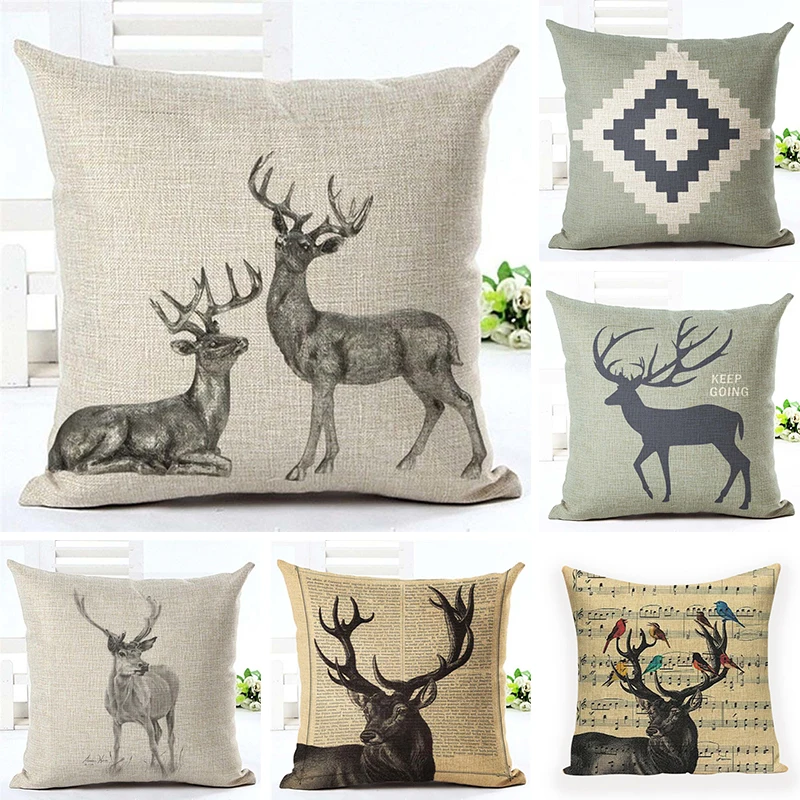 

Deer Elk Pillowcase for Pillows Geometric Linen Pillow Case for Living Room Boho Home Decor Spring Garden Chair Pillow 45x45