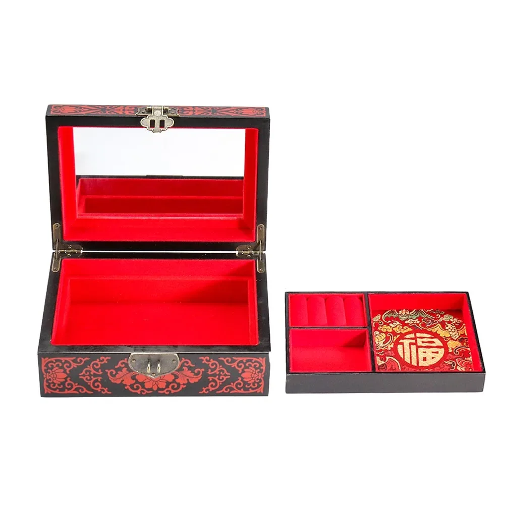 1PC Vintage Chinese Characteristics Traditional Handmade Lacquer Jewelry Box Home Solid Wood Storage Box with Lock Souvenir Gift