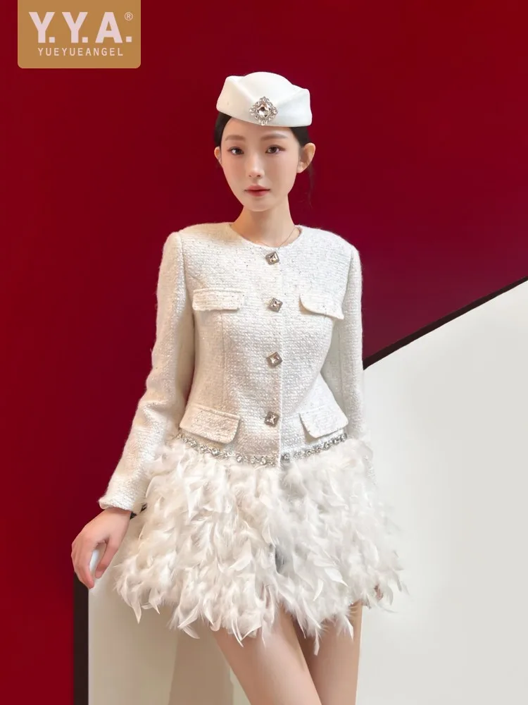 Spring Autumn New Women Elegant Diamonds O Neck Jacket Skirt Two Piece Set Single Breasted Spliced Ostrich Feather Skirt Outfits