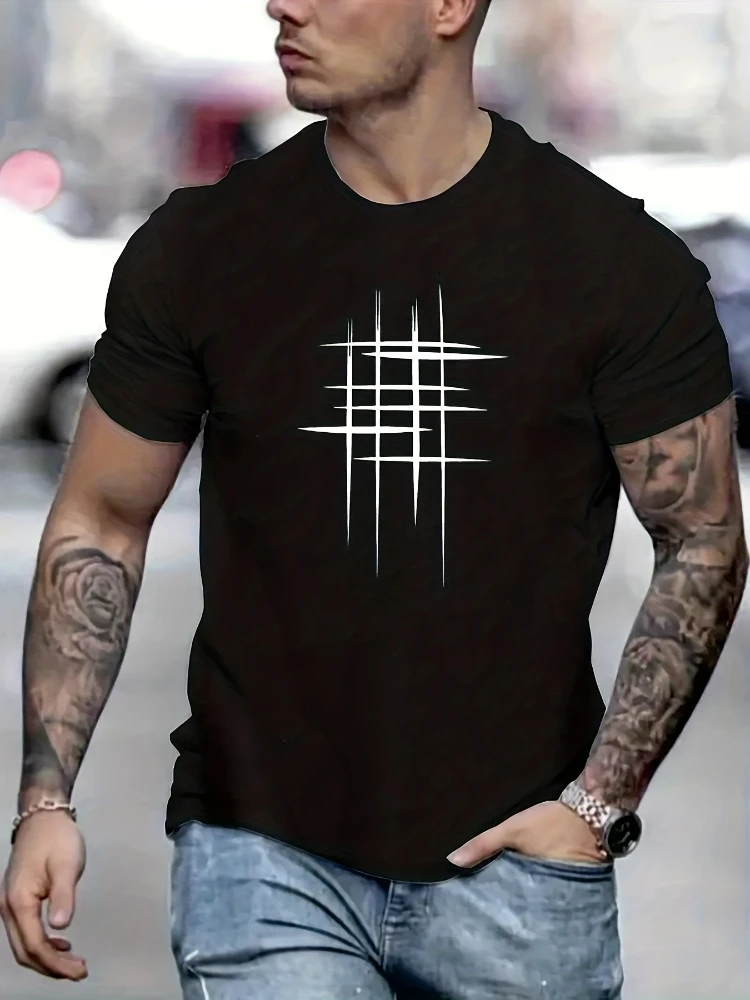 

Geometric black line design men's casual cotton short-sleeved T-shirt-round neck