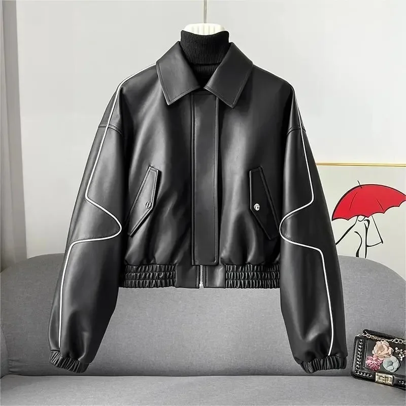 Fashion Leather Jacket Women\'s Short Outerwear Washed Leather Coat Lady Streetwear Loose Tops Moto Biker Jackets Spring Autumn